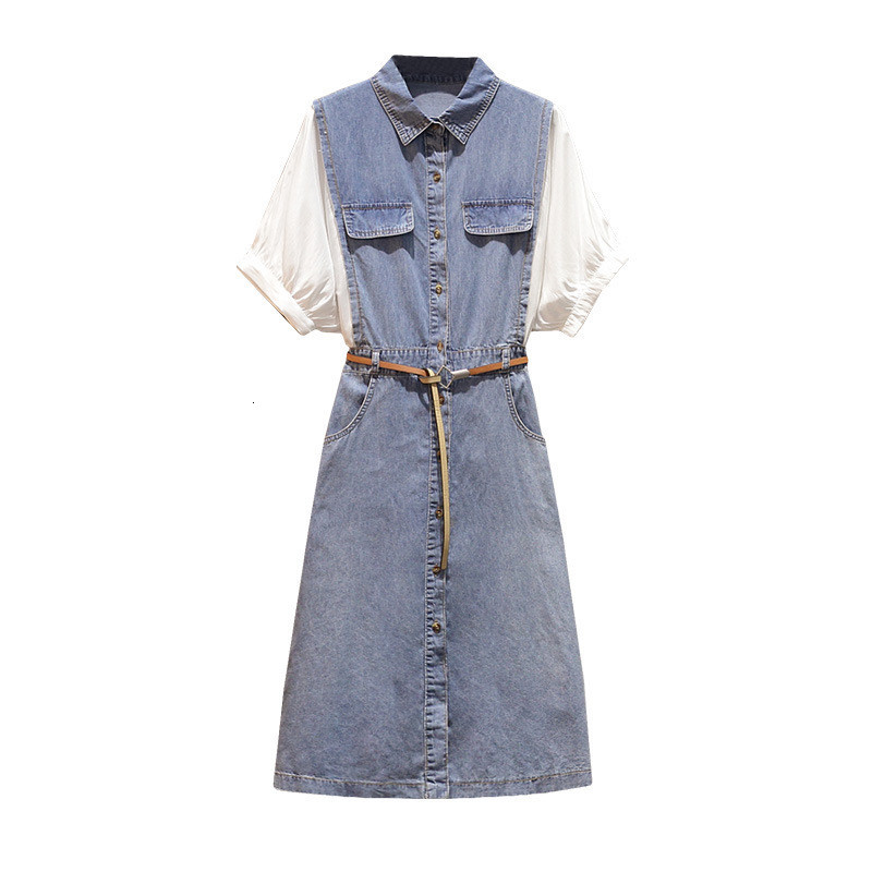 

2021 Plus Size 5xl Denim Women Short Sleeve Patchwork Fake Two-piece Ladies New Summer Jean Vestidos with Belt Y33 Xkw3, Blue