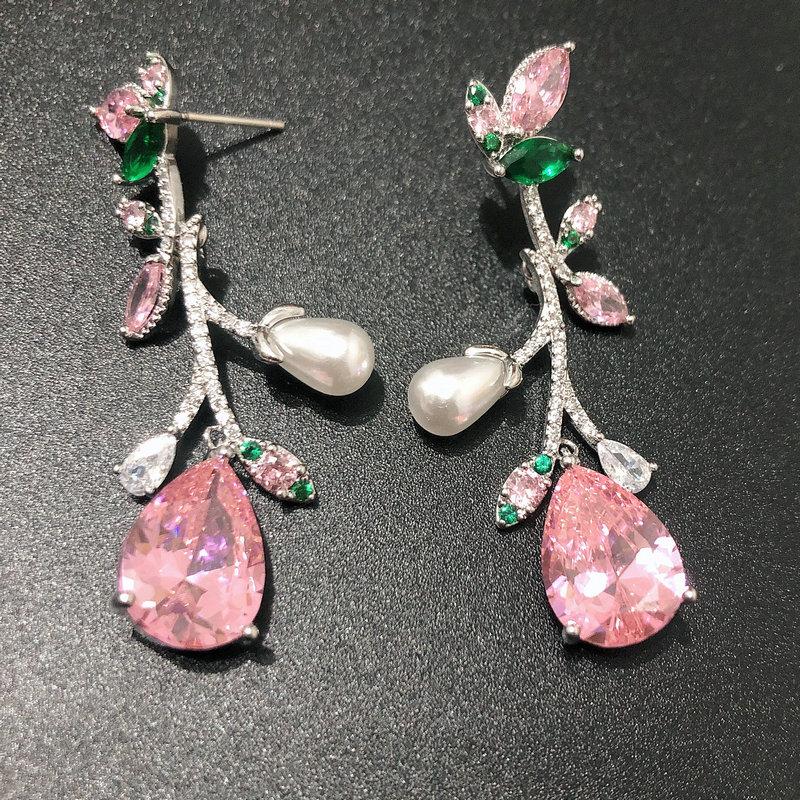 

Bilincolor trendy cz pink with white pearl dangling earring for women wedding summer jewelry