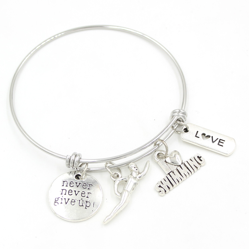 Nouvelle Arrivée En Gros En Acier Inoxydable Fil Bracelet En Alliage De Zinc J'aime La Natation Charmes BraceletBangle Pour Les Nageurs Fille Cad