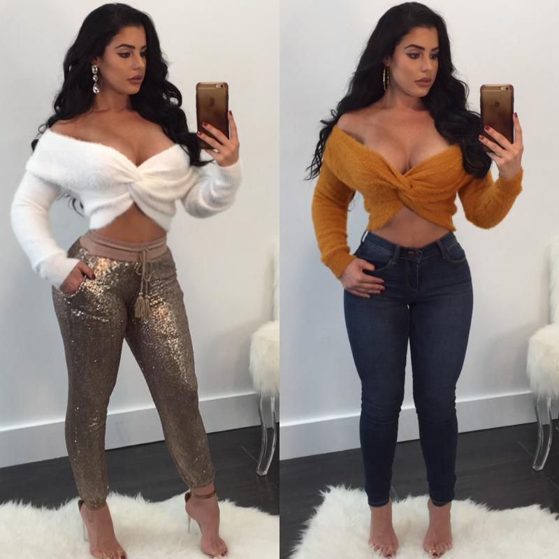 

Sexy Off Shoulder Cross Knitted Women Sweater Long Sleeve Tude Short Pullovers Party Autumn Winter Jumpers Streetwear, Brown