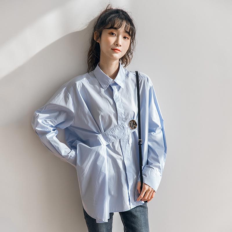 

Shirts Autumn Full 2021 New Design Solid Turn-down Collar Blouse Women, Blue