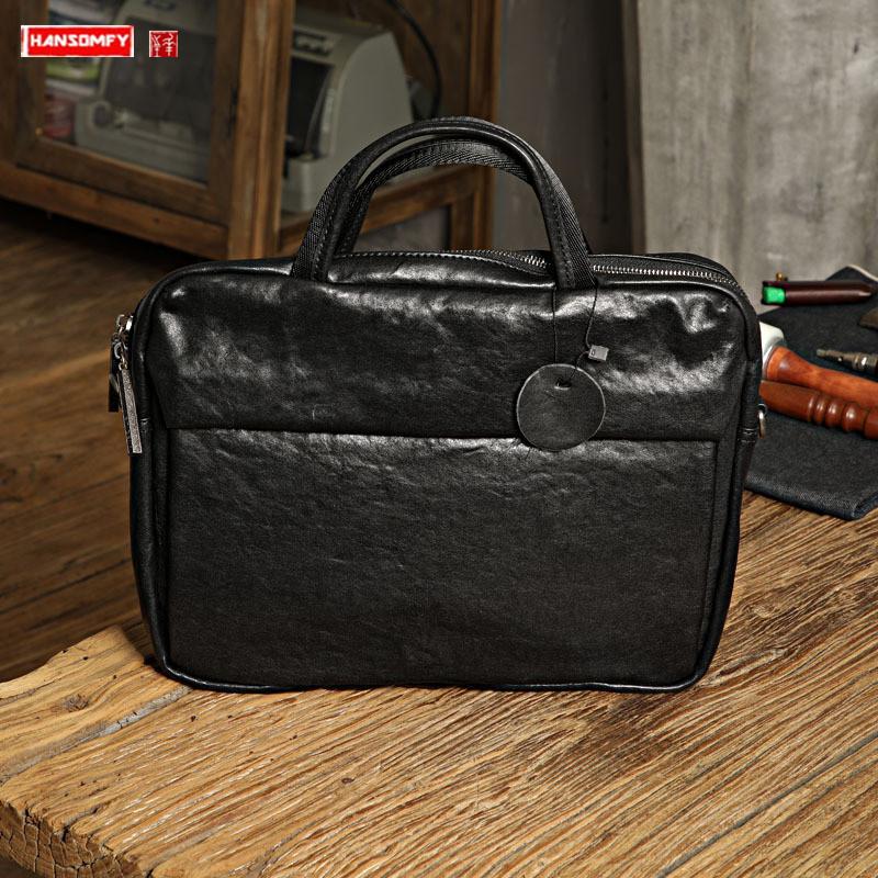

Original Cowhide Leather Men Handbag 13.3" Black Simple Business Briefcase Computer Bag Head Layer Leather Men's Shoulder Bags