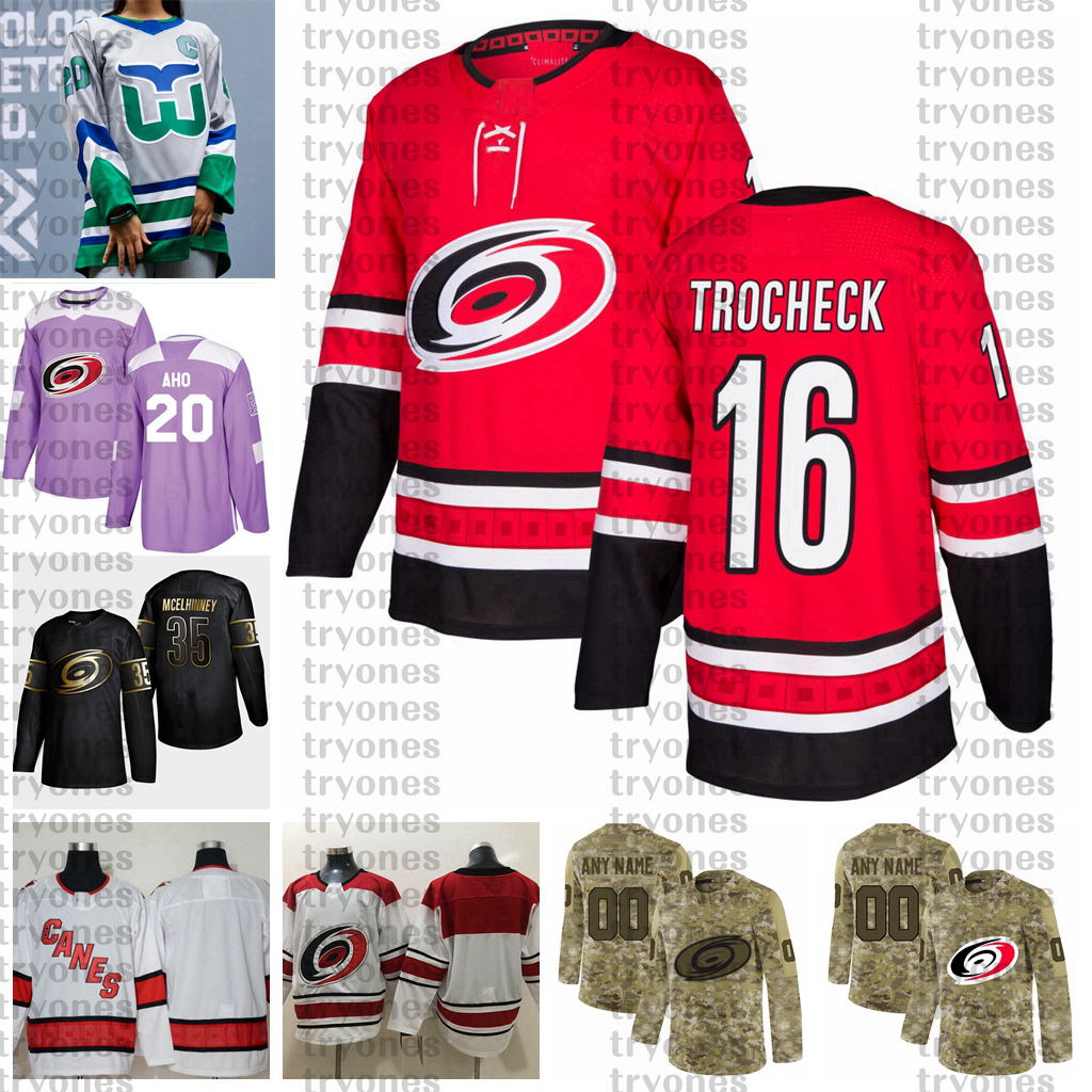 

2021 Reverse Retro Customize #16 Vincent Trocheck Carolina Hurricanes Jerseys Golden Edition Camo Veterans Day Fights Cancer Hockey Jersey, Gold
