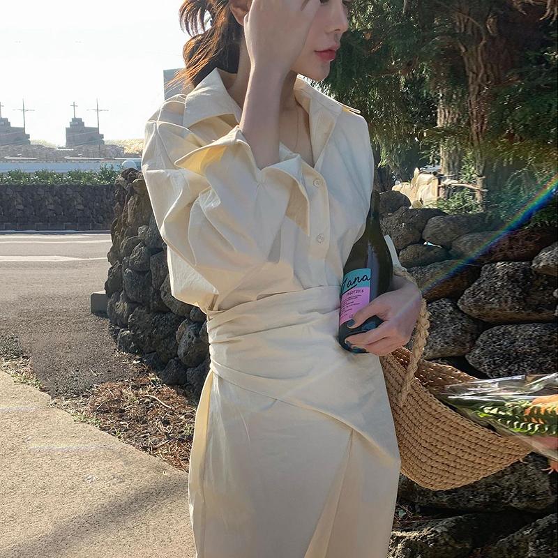 

Casual Dresses Temperament Korea Chic Lace Up Waist Slim Lapel Single-breasted Long-sleeved Split Shirt Dress Women Retro Wild Vestidos, Black;gray