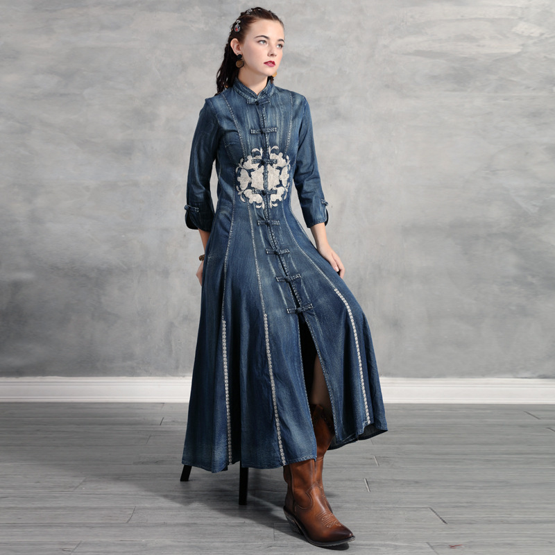 

Outono novo bordado disco boto vestido fino, Navy blue