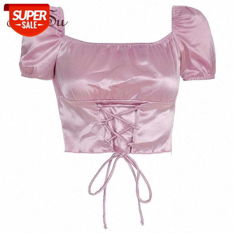 

ArtSu Short Sleeve Satin Vintage Tshirt Women Lace Up Backless Pink Crop Top T shirt Elegant Tee Shirt Femme Summer ASTS20932 #Rm3m, White