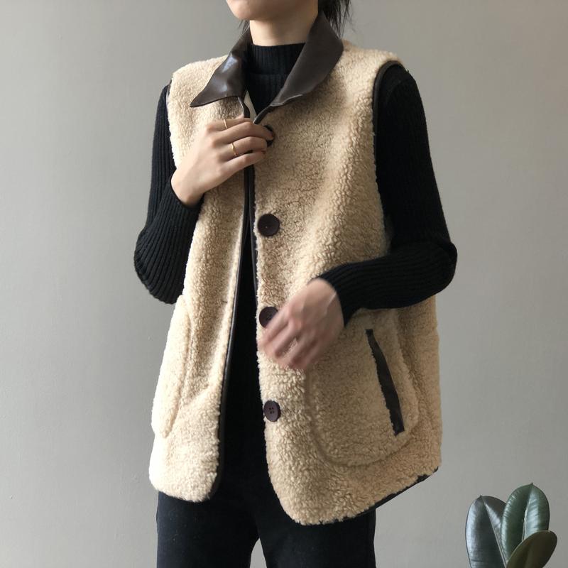 

2021 Winter Simple Women's Solid Colour Loose Vest Turndown Collar Cotton Padded Lambswool Warm Waist Vest