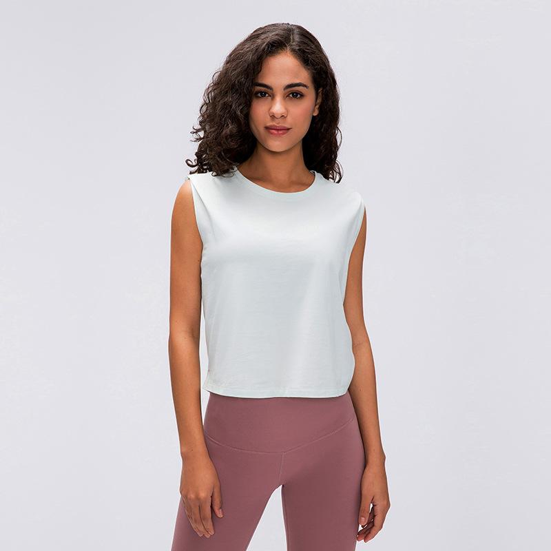 

2020 New Loose Fit Plain Cotton Sport Yoga Crop Tops Women Breathable Quick Dry O-neck Workout Gym Tank Tops Running Vest, Black