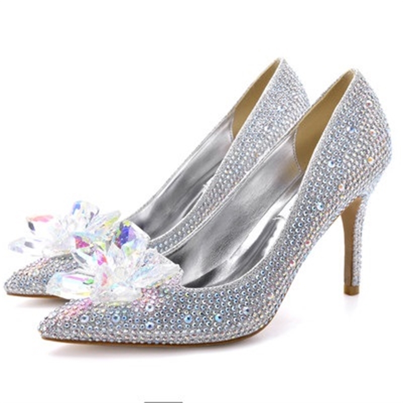 

2020 Glassware Cinderella Glass Heels High Crystal Bottom Women's Strass Flowers Wedding Woman Shoe Bride's Shoes 66tj, Heel 9cm