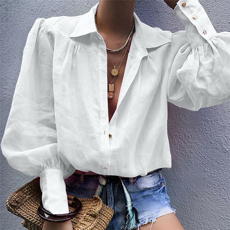

Women Solid Casual Simple Style button down shirts Lantern Long sleeve Deep V Neck Loose Shirt Blouse Beach Work Lady Blusa, Black
