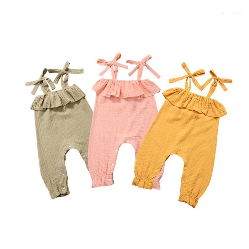 

0-3T Newborn Baby Girl Summer Jumpsuit Cotton Solid Color Sleeveless Ruffle Overall Romper Pants Outfit1, Khaki