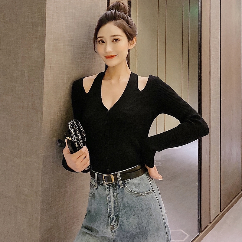 

2021 Off-the-shoulder Knitted Cardigan Winter Women's Clothing Sweater New Elegant Fashion Super Fire Top Bottoming Shirt A85 2oyd, Black
