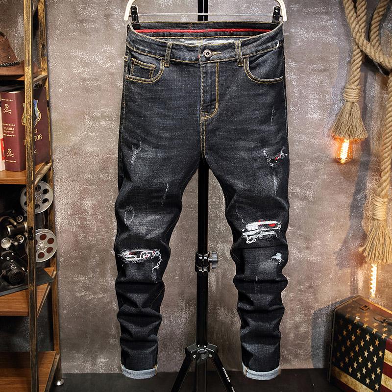 

Spring New Black Ripped Jeans Cotton Stretch Slim Hip-hop Punk Fashion Denim Pants Distressed Biker Jeans Mens Street Wear