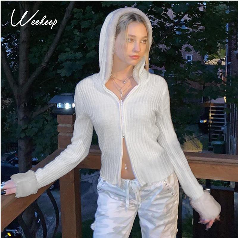 

Weekeep Streetwear Patchwork Faux Fur Hooded Knitted Cardigans Vintage Women' Long Sleeve Rib Knit Sweater y2k Harajuku Jumpers, White