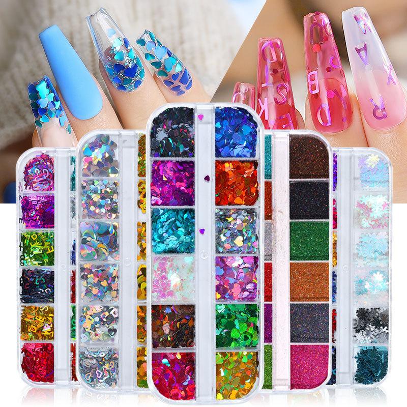 

12 Grids/Set Nail Glitter Sequins Heart Snowflake Sequins Decoration Design Sticker Nail Art DIY Accessories