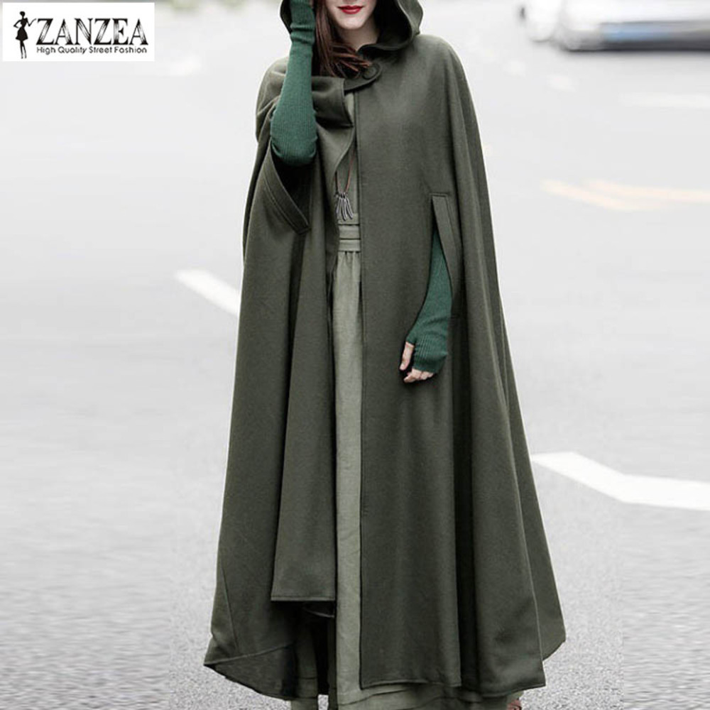 

ZANZEA 2020 Autumn Cloak Poncho Women' Coat Female Button Jackets Hooded Hoodie Capes Outwear Plus Size Overcoats Tops, Black