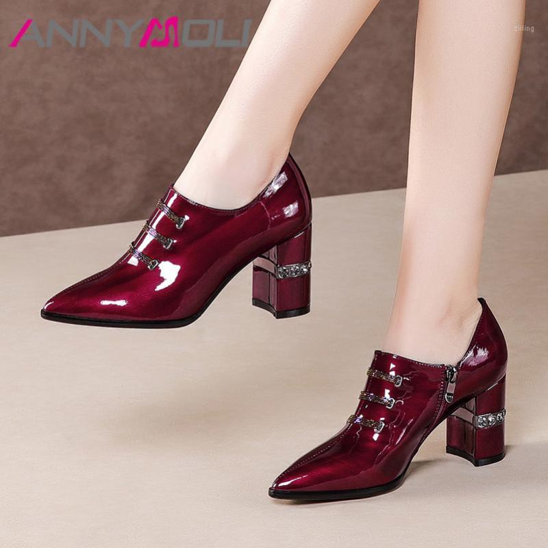 

ANNYMOLI High Heels Women Shoes Natural Genuine Leather Chunky High Heel Shoes Patent Leather Crystal Zip Pumps Female Size 4-101, Wine red