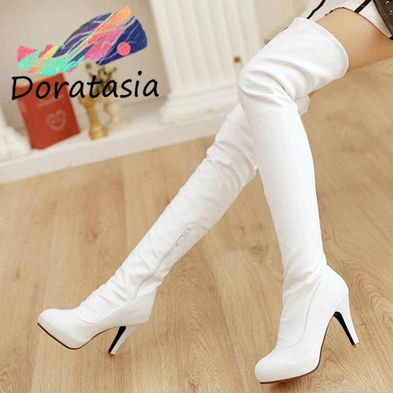 

DORATASIA Sexy Women High Heels Round Toe Knee High Shoes Design Solid Party Dress Date Boots Women Over The Knee Boots, White