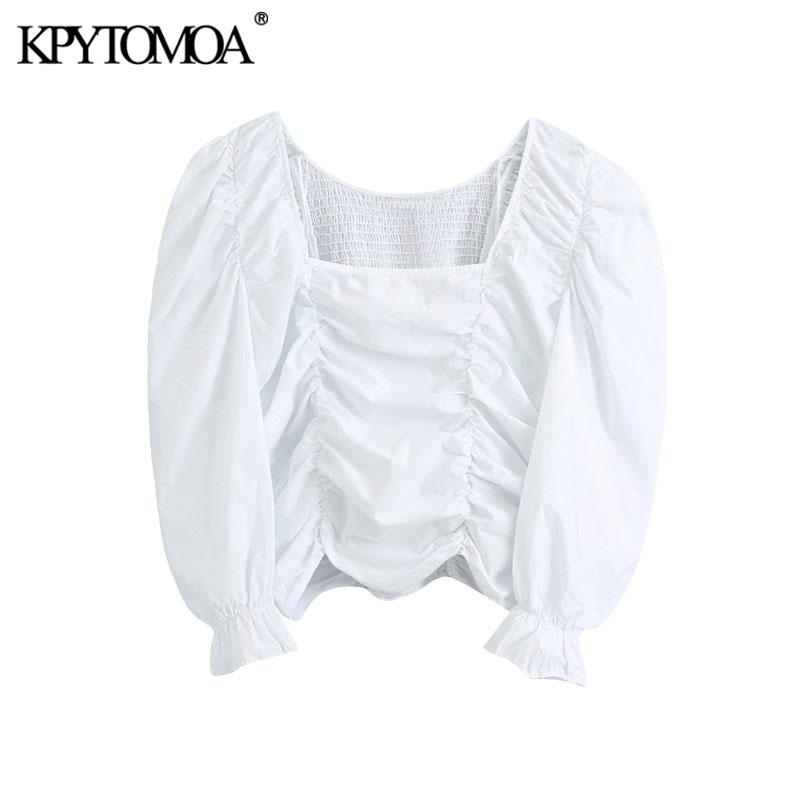 

KPYTOMOA Women 2020 Fashion Elastic Smocked Ruffled Cropped Blouses Vintage Square Collar Lantern Sleeve Female Shirts Chic Tops, As picture