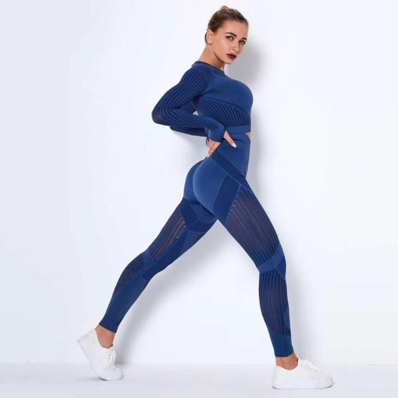 

2 pcs/set Seamless Women Sport Suit Gym Workout Clothes Long Sleeve Fitness Crop Top And Scrunch BuLeggings Yoga Set1, Long sleeve top 1