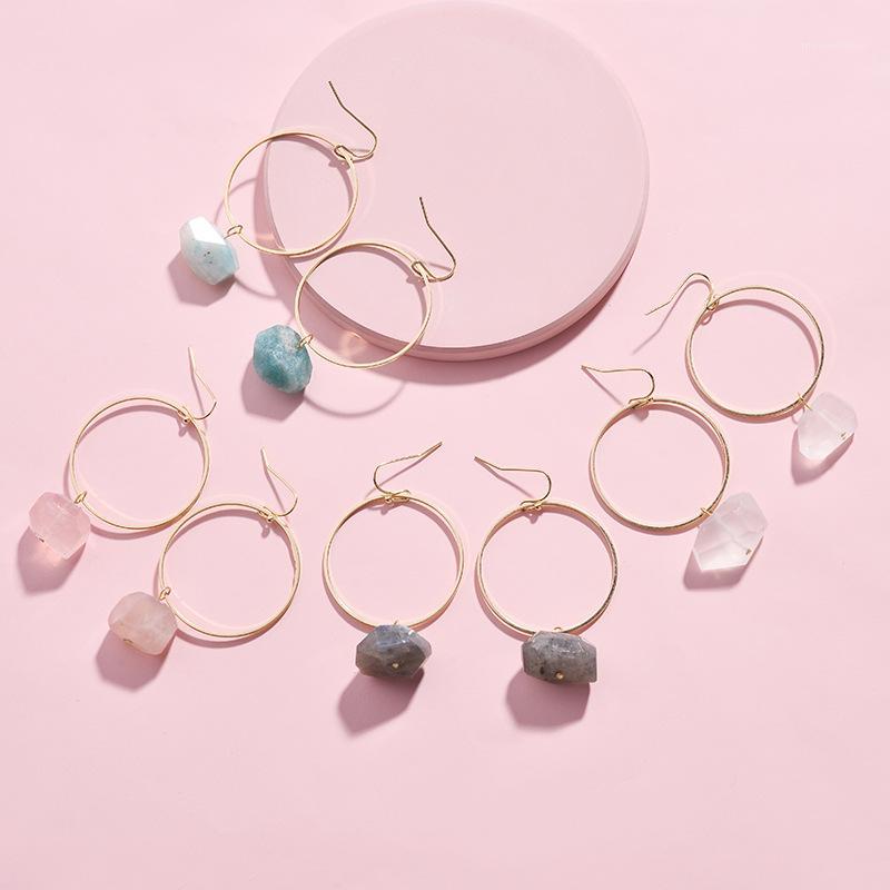 

Hui Dang Trendy danging earring gold circle with natural stone pendant hoop earrings1