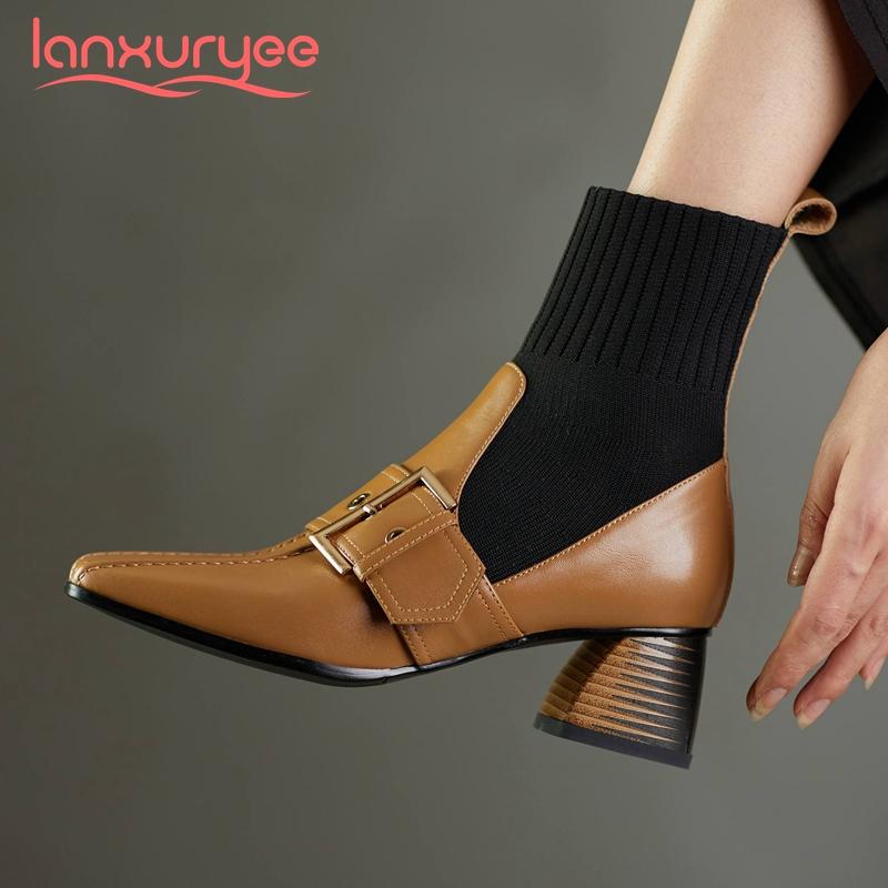 

Lanxuryee knitting boots genuine leather stretch buckle decorations square toe thick med heel slip on gorgeous ankle boots L18, Black