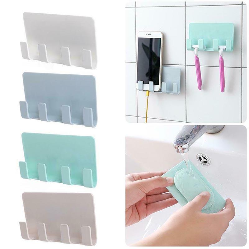 

Multi-function Wall-mounted 4 Hooks Storage Rack Phone Support Razor Charger Bathroom Hanging Holder 2020ing