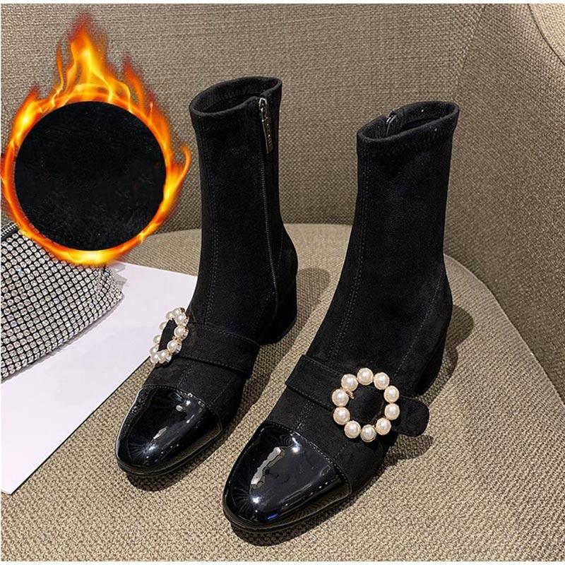 

Women's Winter Ankle Boots Woman Pearl Shoes Female Zipper Mid Heel Flower Pu Pointed Toe Comfort Ladies Shoe Elegant Women, Black
