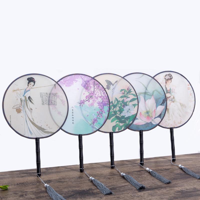 

Chinese Style Round Fan with Wooden Handle Portable Printed Vintage Fan Dance Wedding Favors