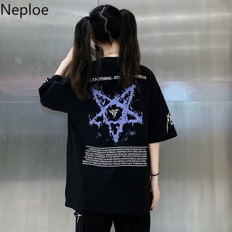

Neploe Gothic Pentagram Letter Printed Female Harajuku T-Shirt Short Sleeve Women Tops Loose Summer Korean Clothes T Shirt 39138 Y200109, Gray t shirt