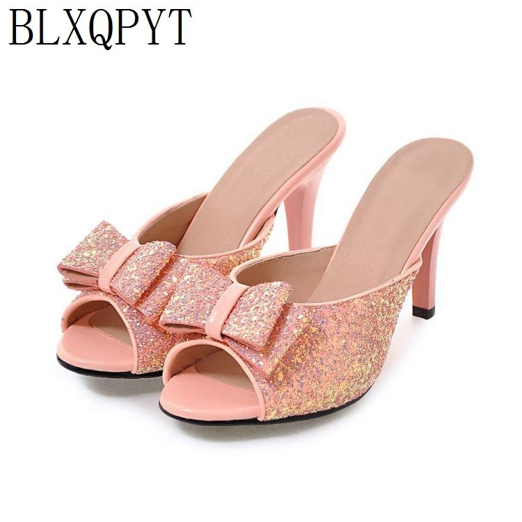 

BLXQPYT Size 32-43 women Summer Slippers Style Sandals Fashion Sweet peep toe High Heels 9CM Party Wedding Shoes Woman 9-216, Black