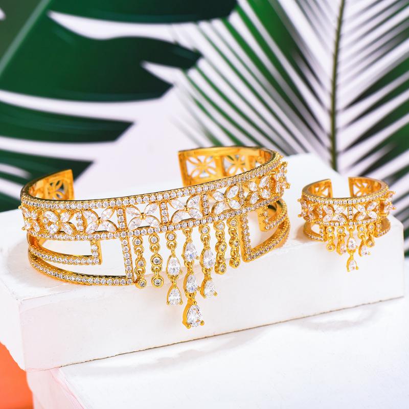 

missvikki Luxury Original design Crown Tassel Bangle Ring For Women Bridal Wedding Cubic Zircon Luxury Bracelet Party Jewelry