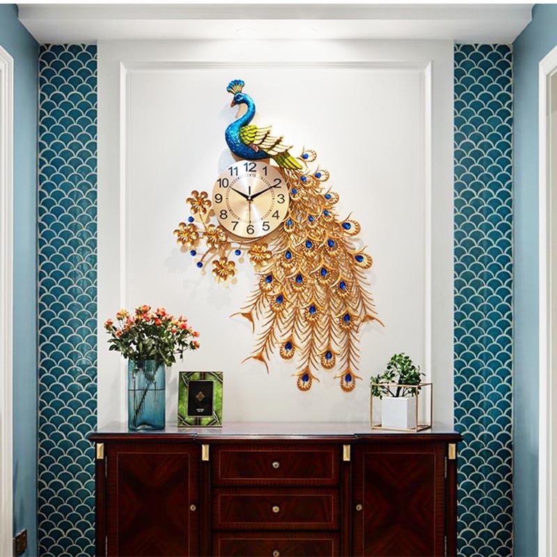

Big Gold Crystal Peacock Clock Wall Luxury Home Decor Wall Watch Living Room Bedroom Kitchen Entrance Metal Digital Clock Silent