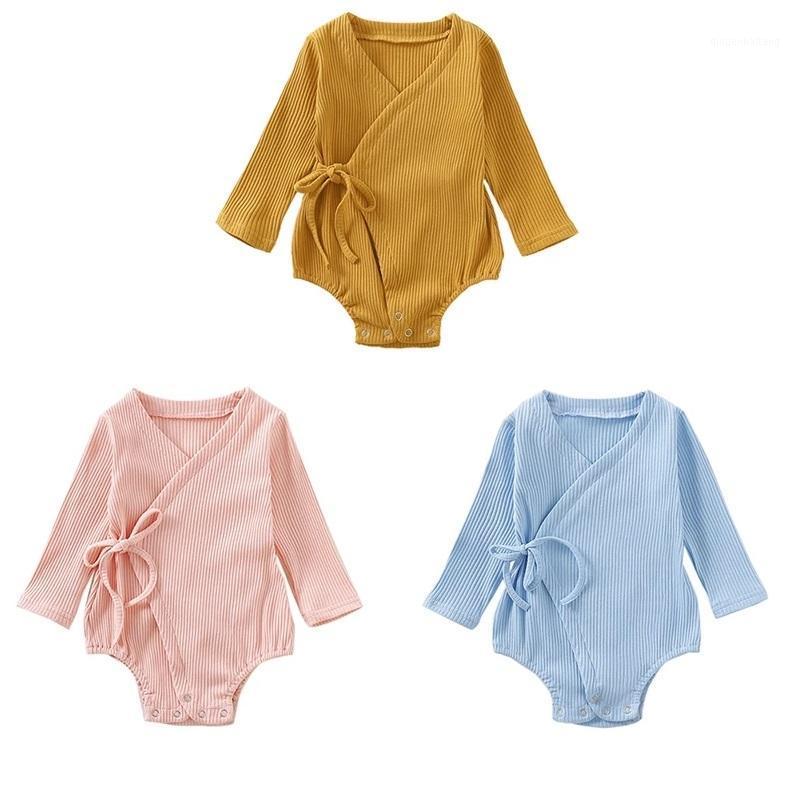 

0-18M Baby Cotton Bodysuit Autumn Lovely Newborn Infant Baby Girl Boys Solid Kimono Bodysuits Long Sleeve Cotton V-neck Outfits1, Sky blue