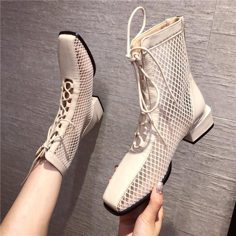 

2021 New Luxury Boots Breathable Mesh Cool Boots Women Low Square Heels Sandals Shoes Outdoor Lace Up Ankle1, Black