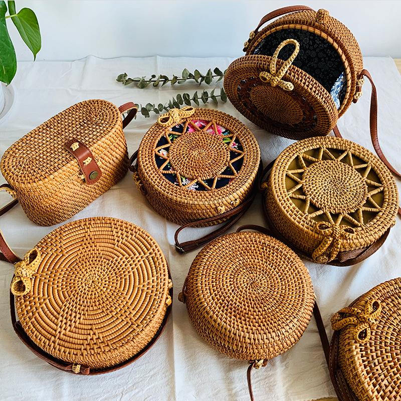 

2020 New Women's Bags Straw Round Woven Handmade Designer Summer Beach Bohemia Rattan Circle Shoulder Bag For Female Fashion, Bt716camel