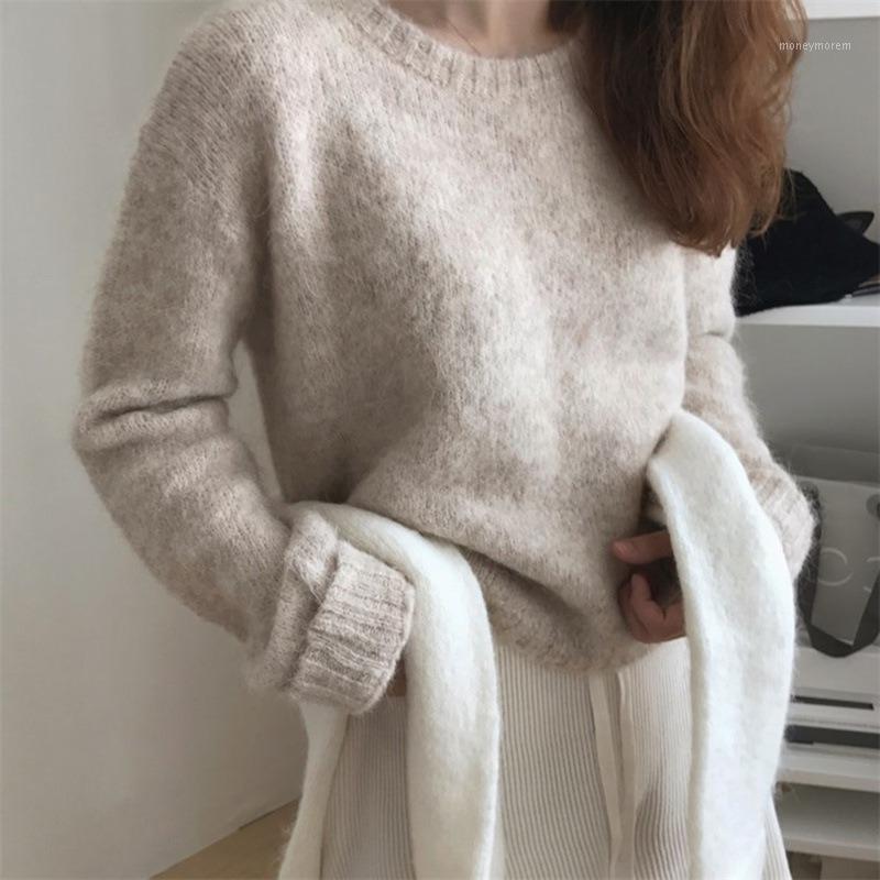 

Autumn and winter Korean women' loose-fitting outer pullover base sweater lazy fleece outer wearing round neck sweater1, White