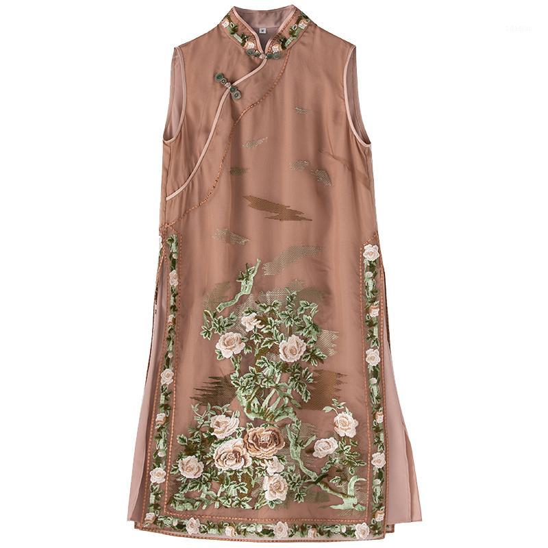 

High-end floral summer women Chinese style embroidery flowers dresses elegant slim lady Qipao Silk party dress -XXL1, Black