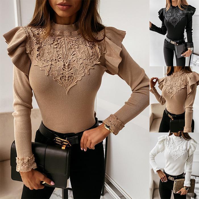 

2021Elegant Women Spring Autumn Sweaters Patchwork Design Lace Ruffles Decor O-Neck Long Sleeve Solid Slim Pullovers Knitted Top1, Black