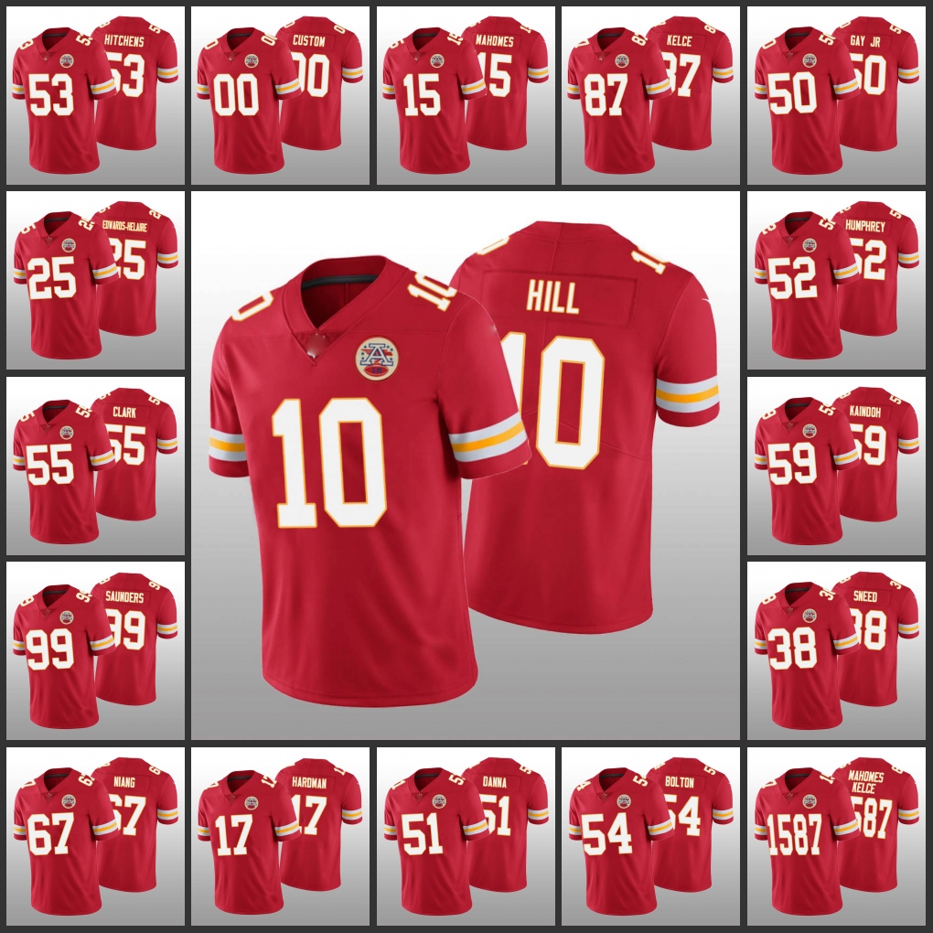 

Kansas''City''Chiefs''Men #15 Patrick Mahomes 87 Travis Kelce 10 Tyreek Hill 54 Nick Bolton Women Youth Custom Red Vapor Limited Jersey