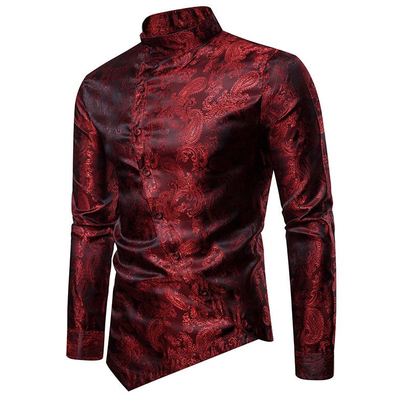 

2020 Men Red white 6color Printed Tuxedo Shirt Longline Irregular Hem Button Slim Stand Collar Wedding Party Casual Dress Shirts, A38 white