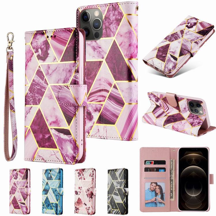 New fashion imprinted marble stone flip leather wallet phone case for iphone 12 11 pro max x xr xs max 6 7 8 plus-image-615934302