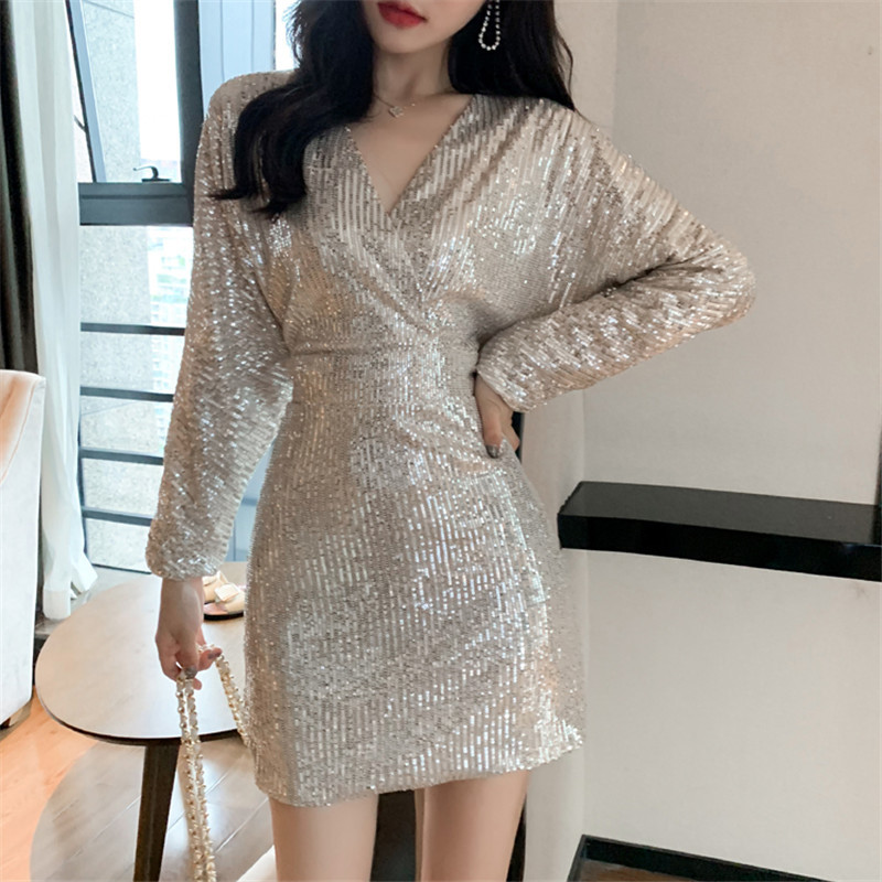 

2021 Sexy Party the Women Long Sleeves with No Back Thin Sequins Dress Fall Elegant New Ladies Low-down in Silver Club 9OII