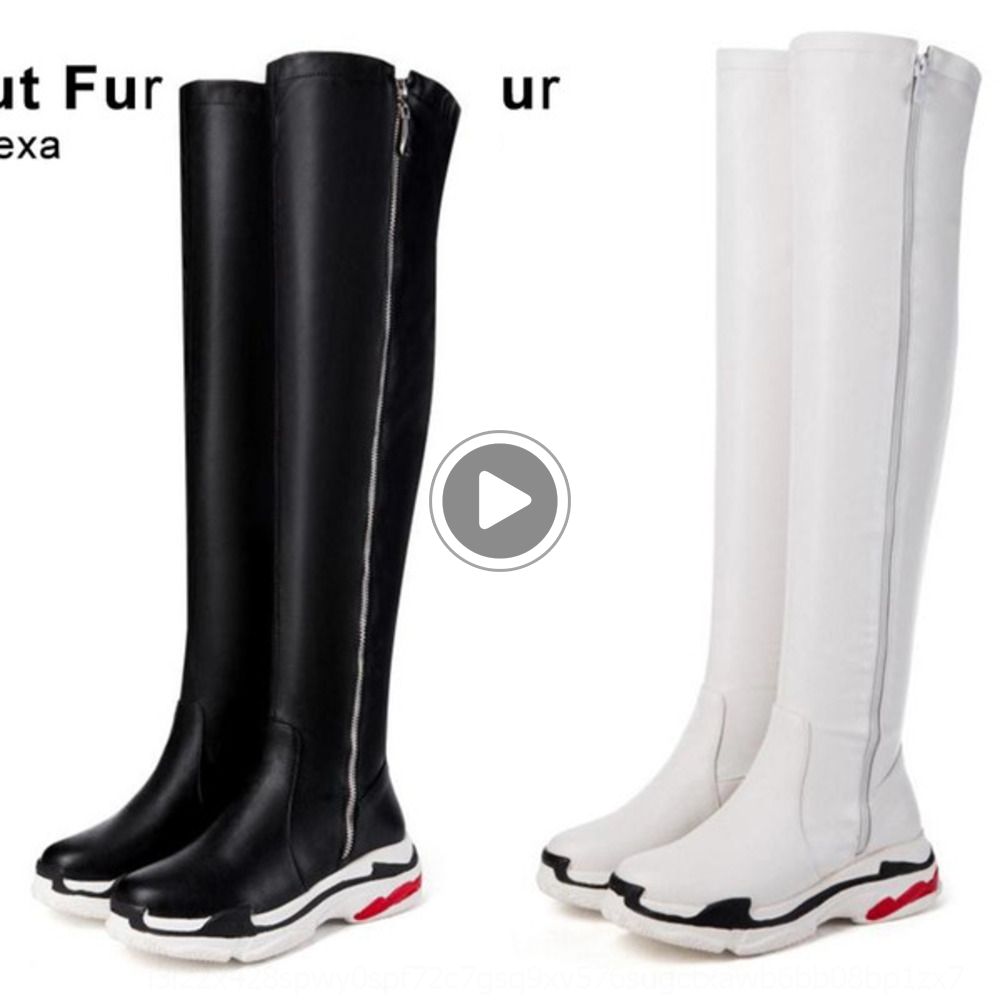 

Hot Sale-CesHO Taoffen Plus Warm flat shoes 29-46 Women ZipperStretch Boots Over Knee Boots Casual Women Flat Shoes Winter Warm Fur Fashion, Black without fur