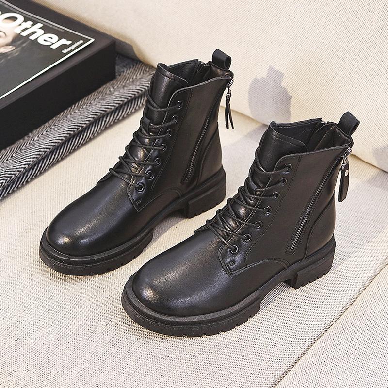 

2021 Fashion PU Leather Women's Ankle Motorcycle Boots Vintage Retro Side Zipper Chunky High Heels Winter Snow Boots Shoes Woman, Black
