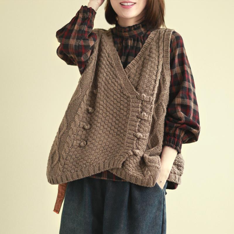 

big size women clothing spring autumn winter vintage loose buckle knitted v neck cardigans sweaters, Beige