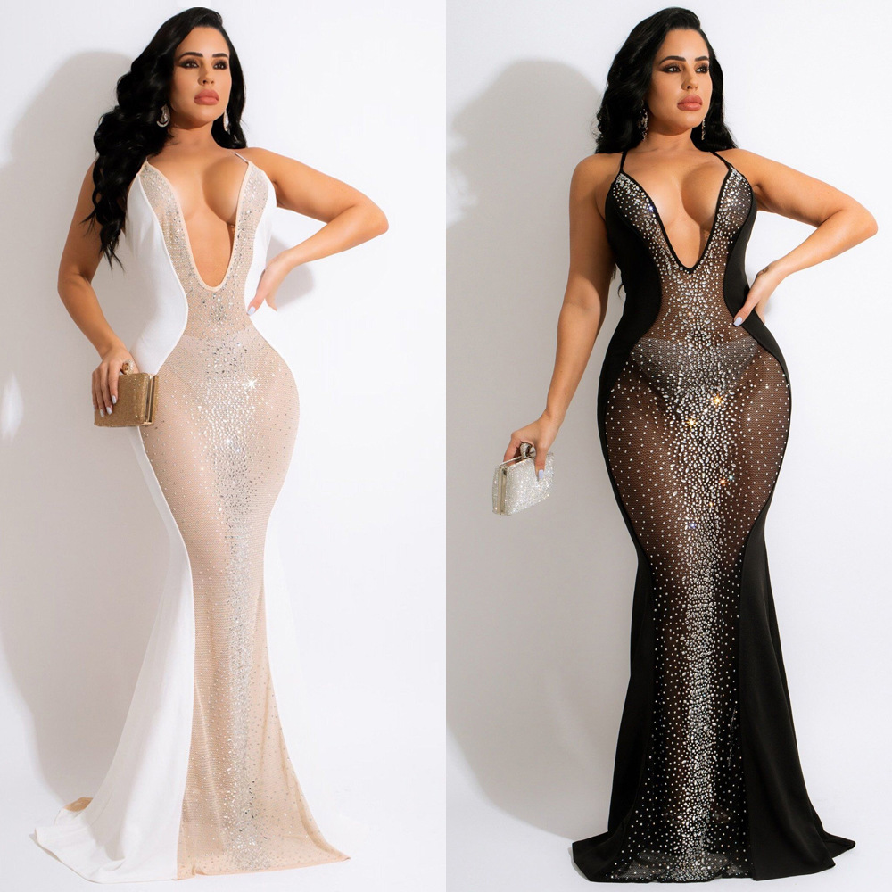 

Long Mermaid Prom Evening Party Dresses For Women Elegant Sexy V-neck Sleeveless Sequins Diamond Beige Black Girl Prom Gowns sk2287, White;black
