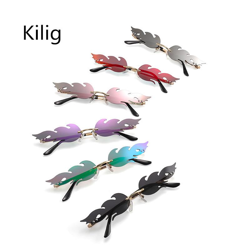 

Kilig 2020 Fashion Fire Flame Sunglasses Women Men Rimless Wave Sun Glasses Eyewear Luxury Trending Narrow Sunglasses Streetwear