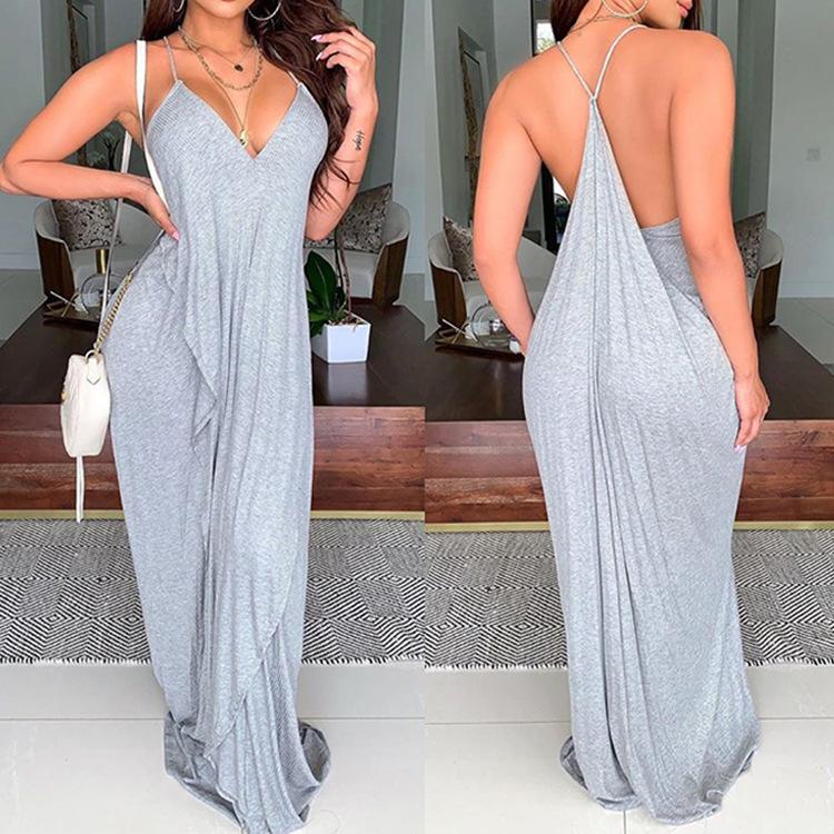

Felyn 2021 Best Quality Dress Solid Spaghetti Strap Ruffles Summer Beach Loose Maxi Dress, Gray