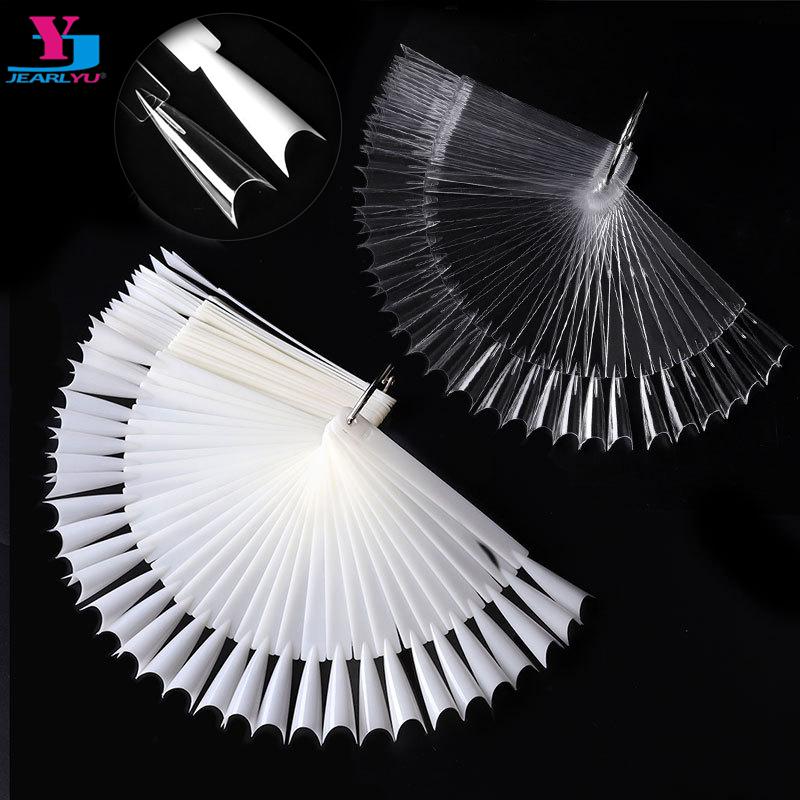 

50Pcs/Set C Curve False Nail Display Tips Sharp Fan Shaped Full Cover Nail Polish With Ring Acrylic Nails Art Tips Tools UV Gel, Natural